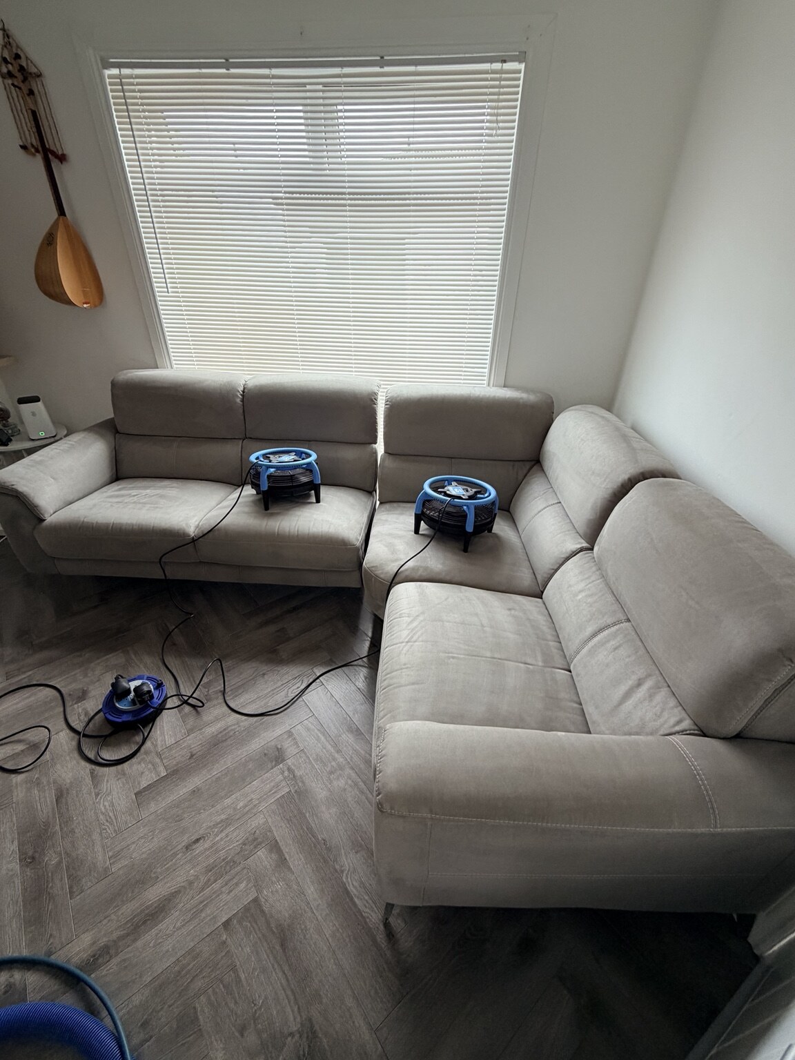 Corner sofa drying after professional hot-water extraction cleaning in Addiewell
