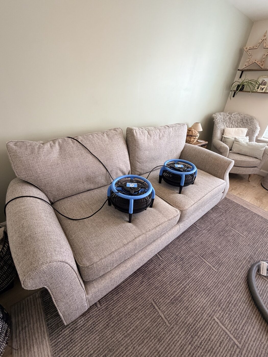 Professionally cleaned Edinburgh sofa with air movers assisting drying