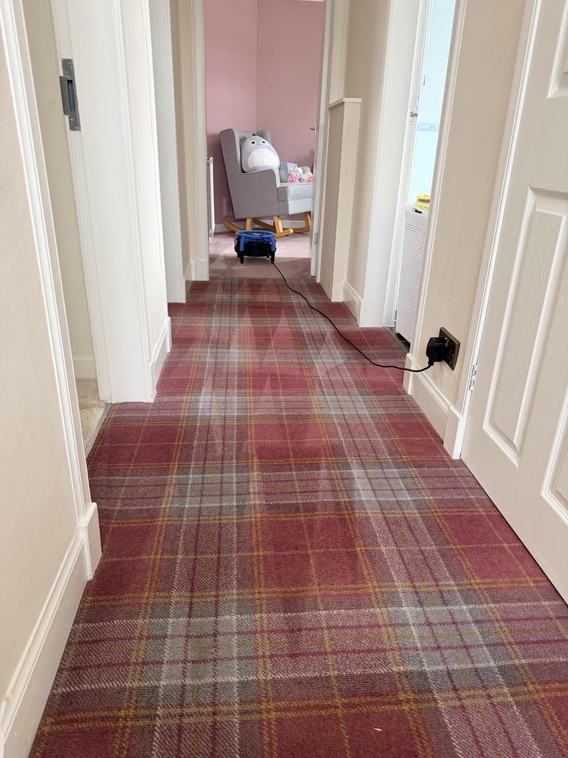Patterned hallway carpet in the Whitburn property after cleaning, with an air mover in the background