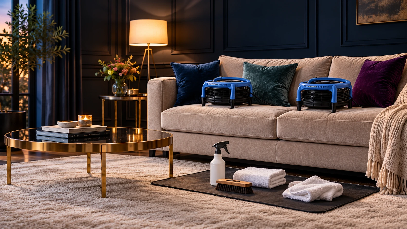 Sofa with two blue drying fans and a black cleaning mat with spray bottle, hand brush and white towels