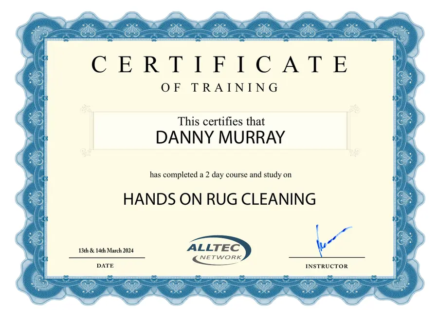 Danny Murray Hands On Rug Cleaning certificate from Alltec Network, completed 13 and 14 March 2024